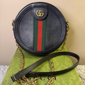 Gucci Black Leather Round Crossbody Bag with Green and Red Web Stripe